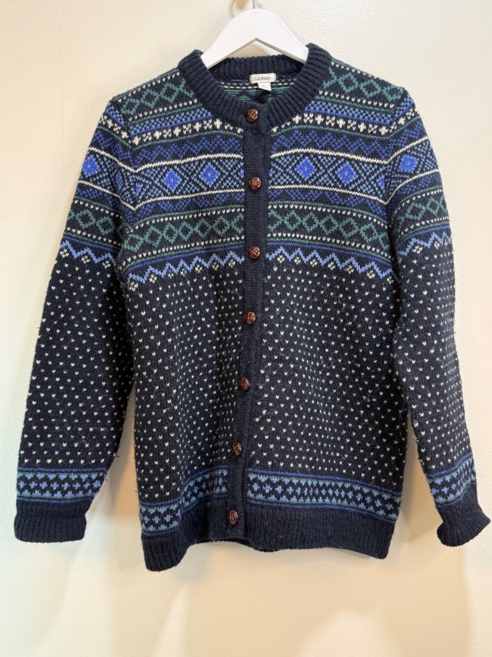L. L. Bean Fair Isle Leather Button Cardigan Thick Knit Lagenlook Sweater Nordic